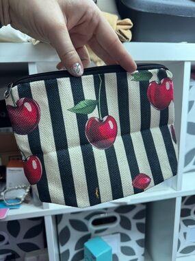 Striped Cherry Print Cosmetic Pouch - Black & Cream